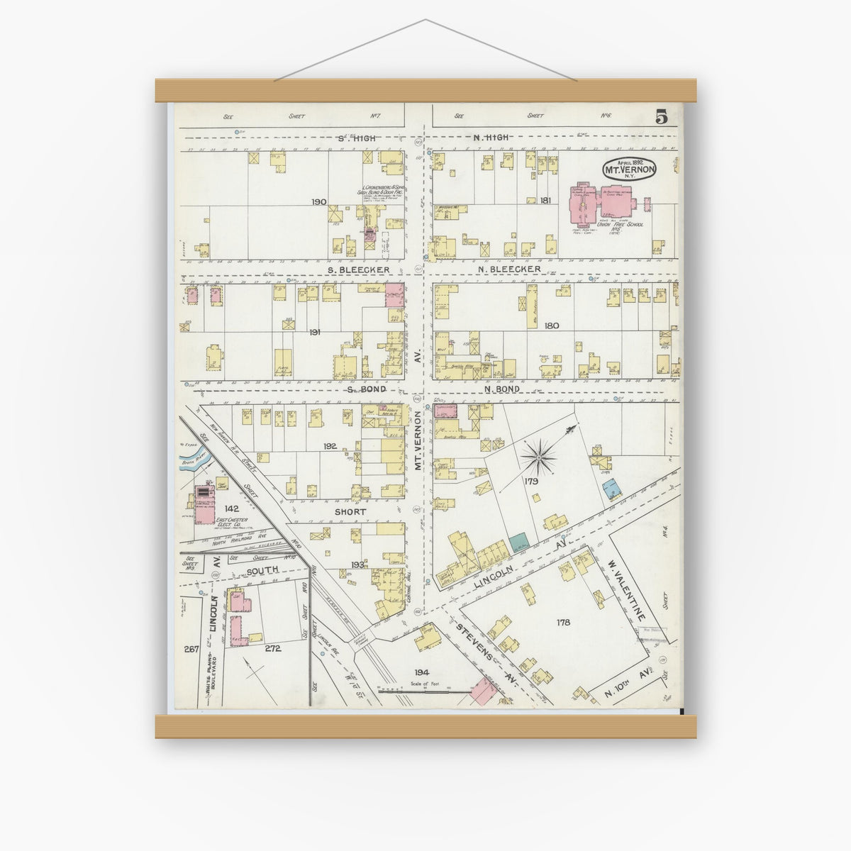 Old map wall art mockup — magnetic wood frame on white wall — Sanborn Fire Insurance Map from Mount Vernon, Westchester County, New York (1892), Sheet #0005