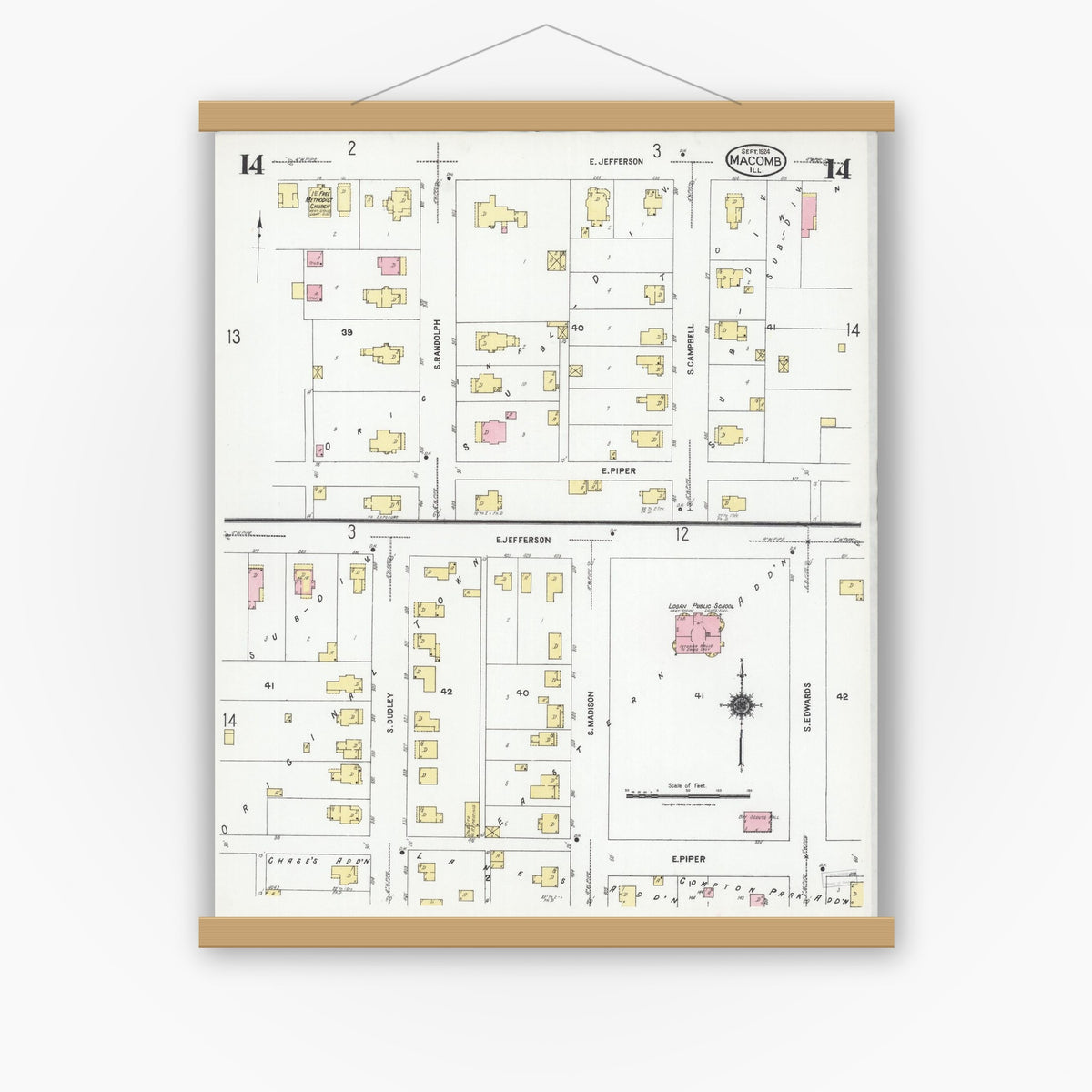 Old map wall art mockup — magnetic wood frame on white wall — Sanborn Fire Insurance Map from Macomb, Mcdonough County, Illinois (1924), Sheet #0014