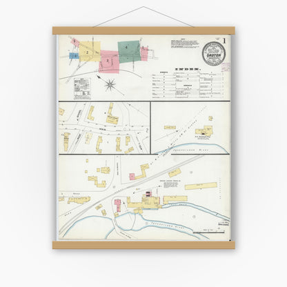 Old map wall art mockup — magnetic wood frame on white wall — Sanborn Fire Insurance Map from Groton, Middlesex County, Massachusetts (1906) - Complete Map Set
