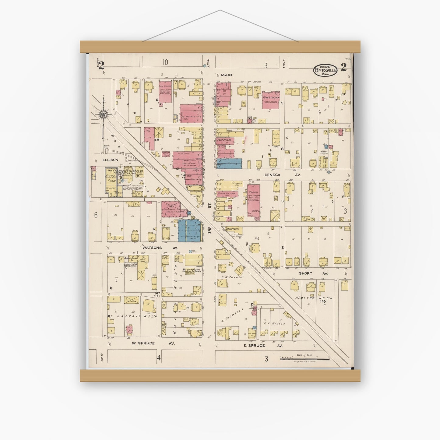 Old map wall art mockup — magnetic wood frame on white wall — Sanborn Fire Insurance Map from Byesville, Guernsey County, Ohio (1922), Sheet #0002