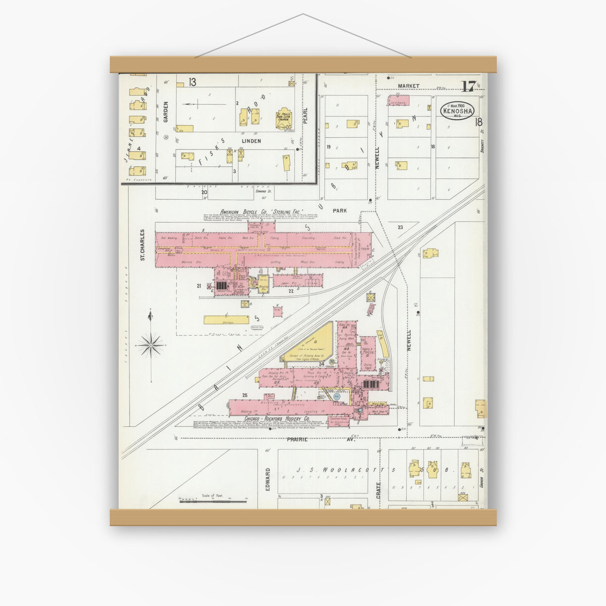 Old map wall art mockup — magnetic wood frame on white wall — Sanborn Fire Insurance Map from Kenosha, Kenosha County, Wisconsin (1900), Sheet #0017