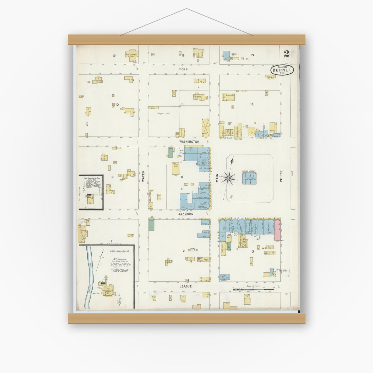 Old map wall art mockup — magnetic wood frame on white wall — Sanborn Fire Insurance Map from Burnet, Burnet County, Texas (1896), Sheet #0002