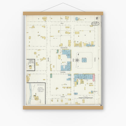 Old map wall art mockup — magnetic wood frame on white wall — Sanborn Fire Insurance Map from Burnet, Burnet County, Texas (1896), Sheet #0002