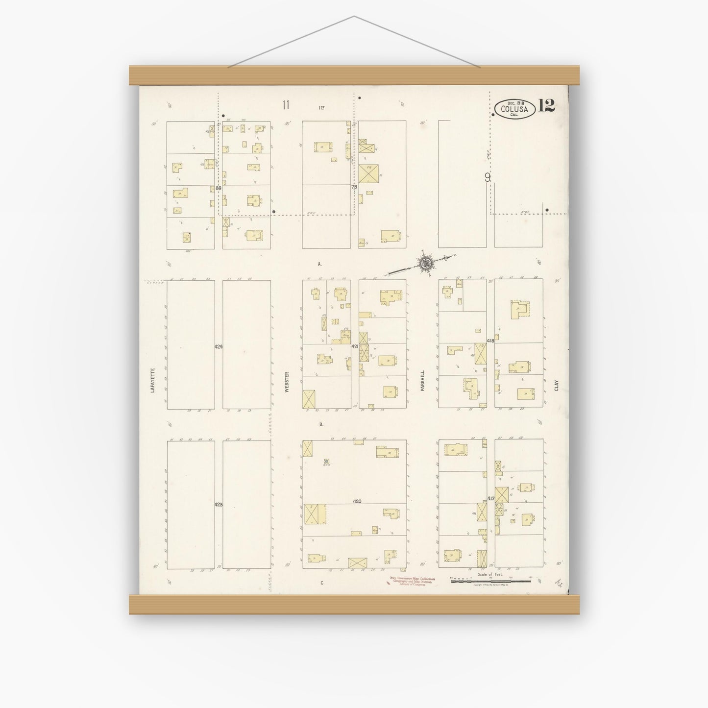 Old map wall art mockup — magnetic wood frame on white wall — Sanborn Fire Insurance Map from Colusa, Colusa County, California (1918), Sheet #0012