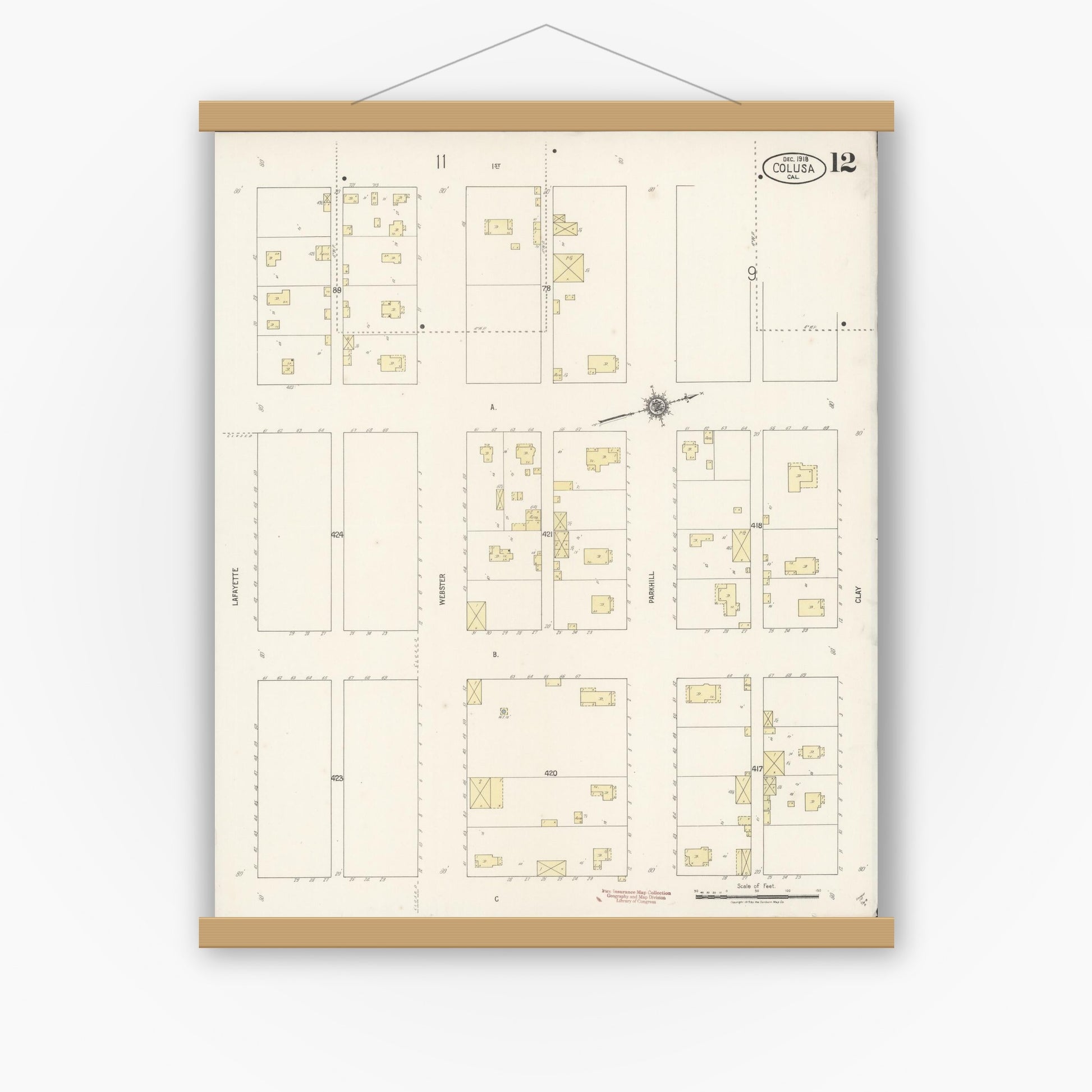 Old map wall art mockup — magnetic wood frame on white wall — Sanborn Fire Insurance Map from Colusa, Colusa County, California (1918), Sheet #0012