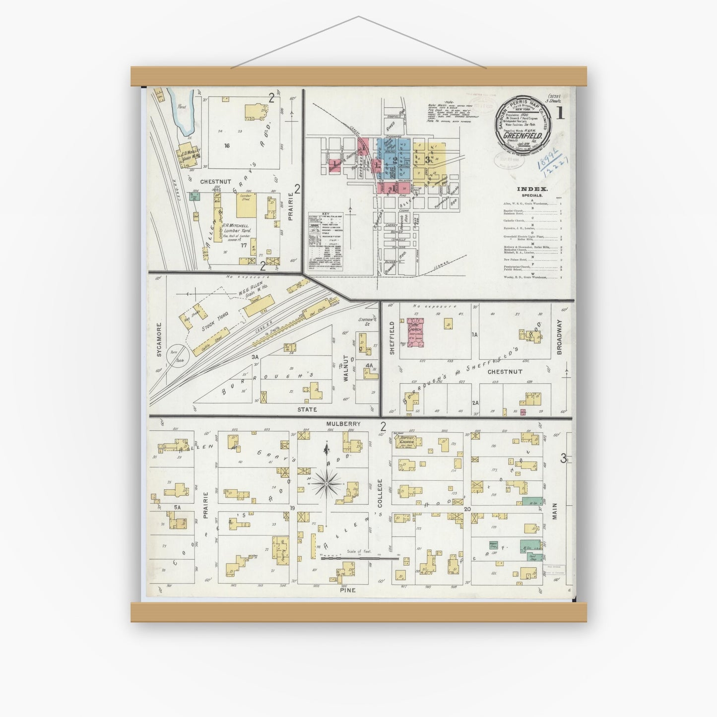 Old map wall art mockup — magnetic wood frame on white wall — Sanborn Fire Insurance Map from Greenfield, Greene County, Illinois (1899), Sheet #0001