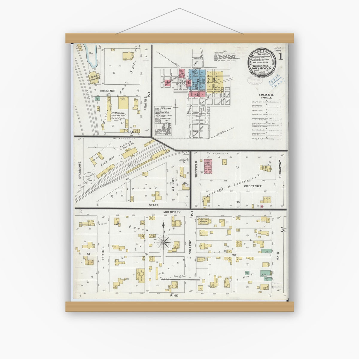 Old map wall art mockup — magnetic wood frame on white wall — Sanborn Fire Insurance Map from Greenfield, Greene County, Illinois (1899), Sheet #0001