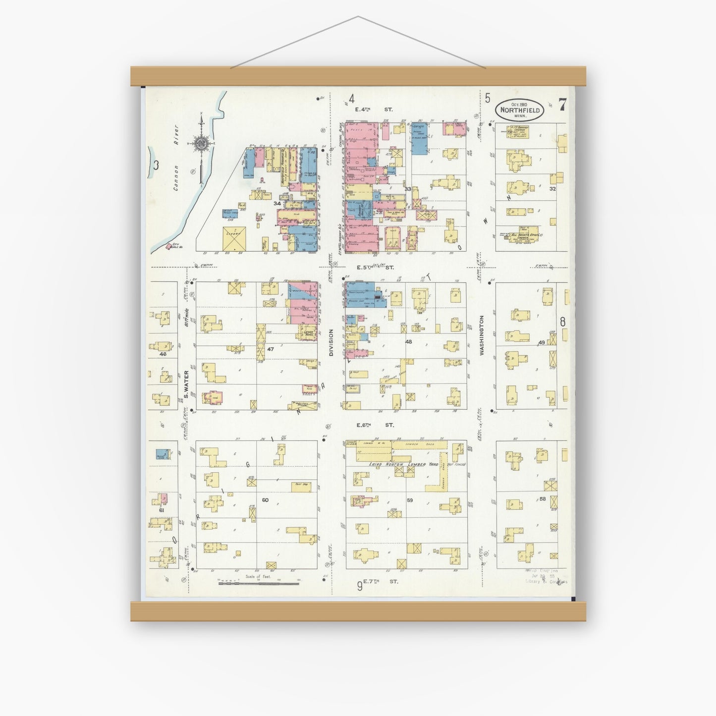 Old map wall art mockup — magnetic wood frame on white wall — Sanborn Fire Insurance Map from Northfield, Rice County, Minnesota (1910), Sheet #0007