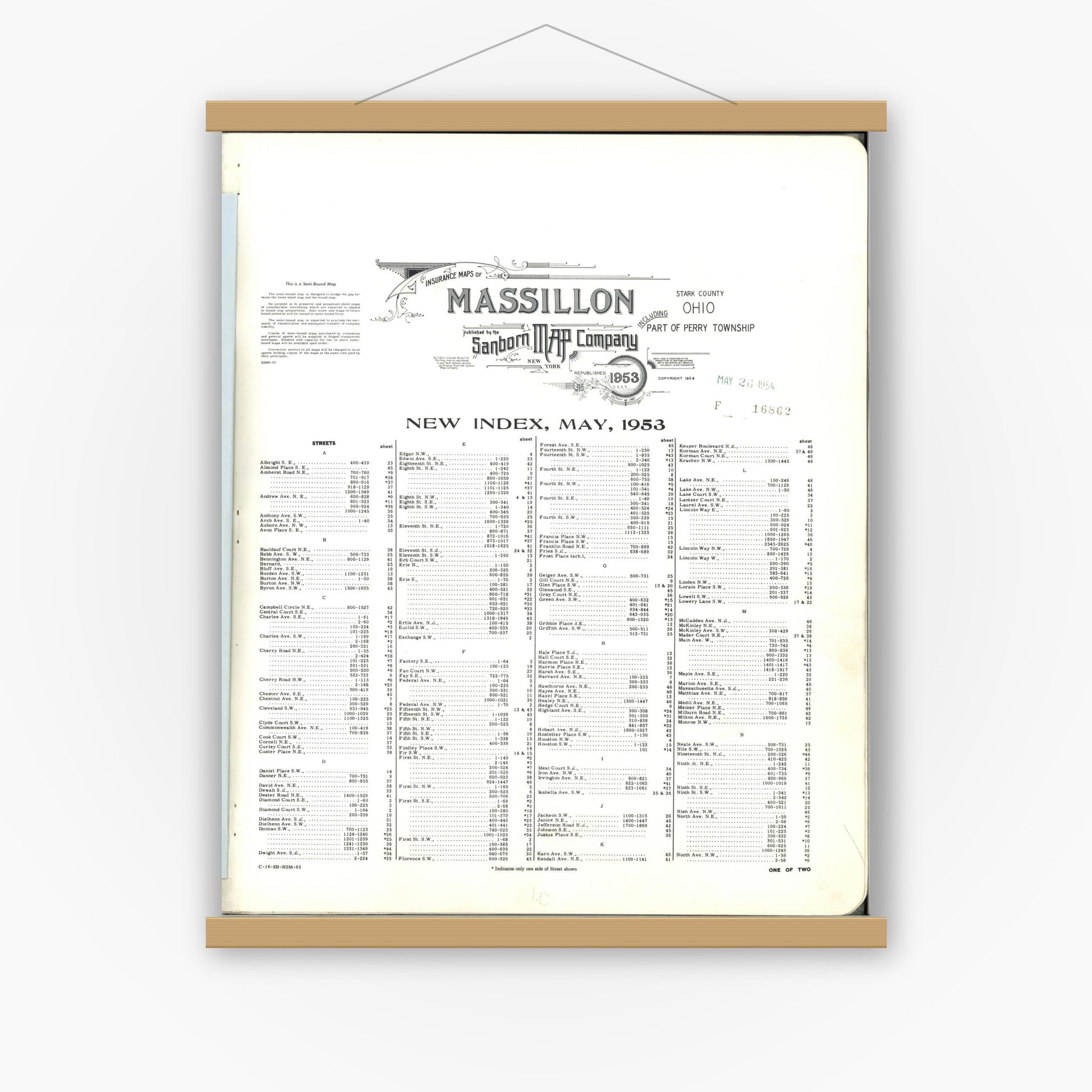 Old map wall art mockup — magnetic wood frame on white wall — Sanborn Fire Insurance Map from Massillon, Stark County, Ohio (1953), Sheet #0001