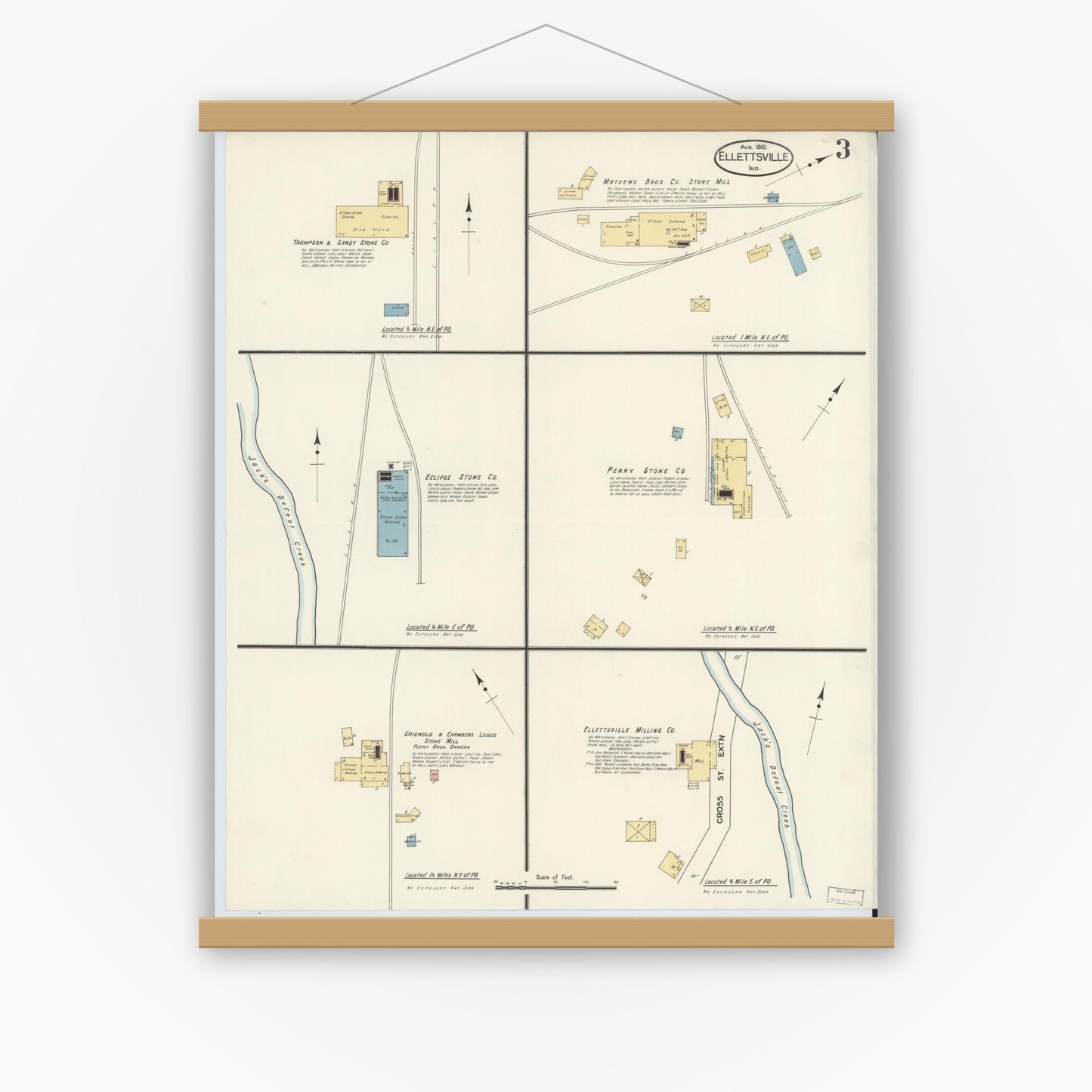 Old map wall art mockup — magnetic wood frame on white wall — Sanborn Fire Insurance Map from Ellettsville, Monroe County, Indiana (1910), Sheet #0003