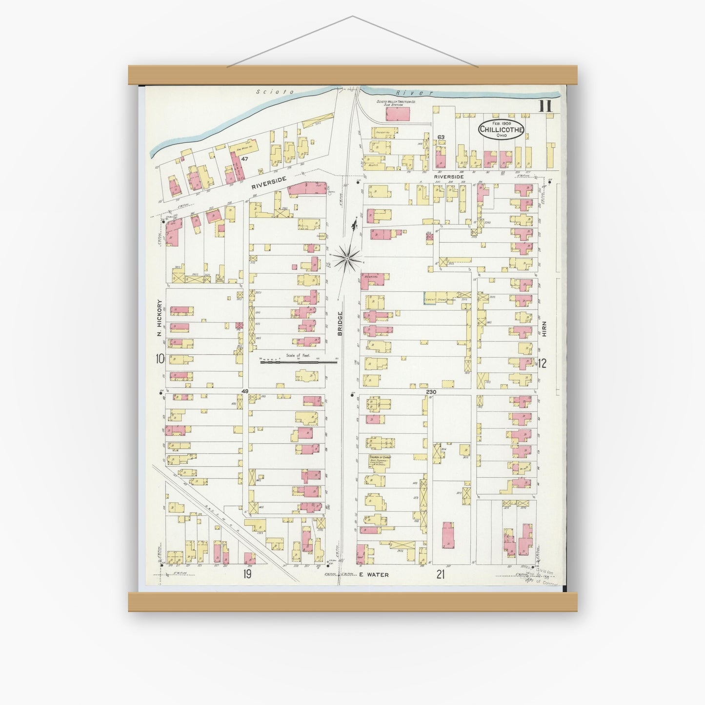 Old map wall art mockup — magnetic wood frame on white wall — Sanborn Fire Insurance Map from Chillicothe, Ross County, Ohio (1909), Sheet #0011