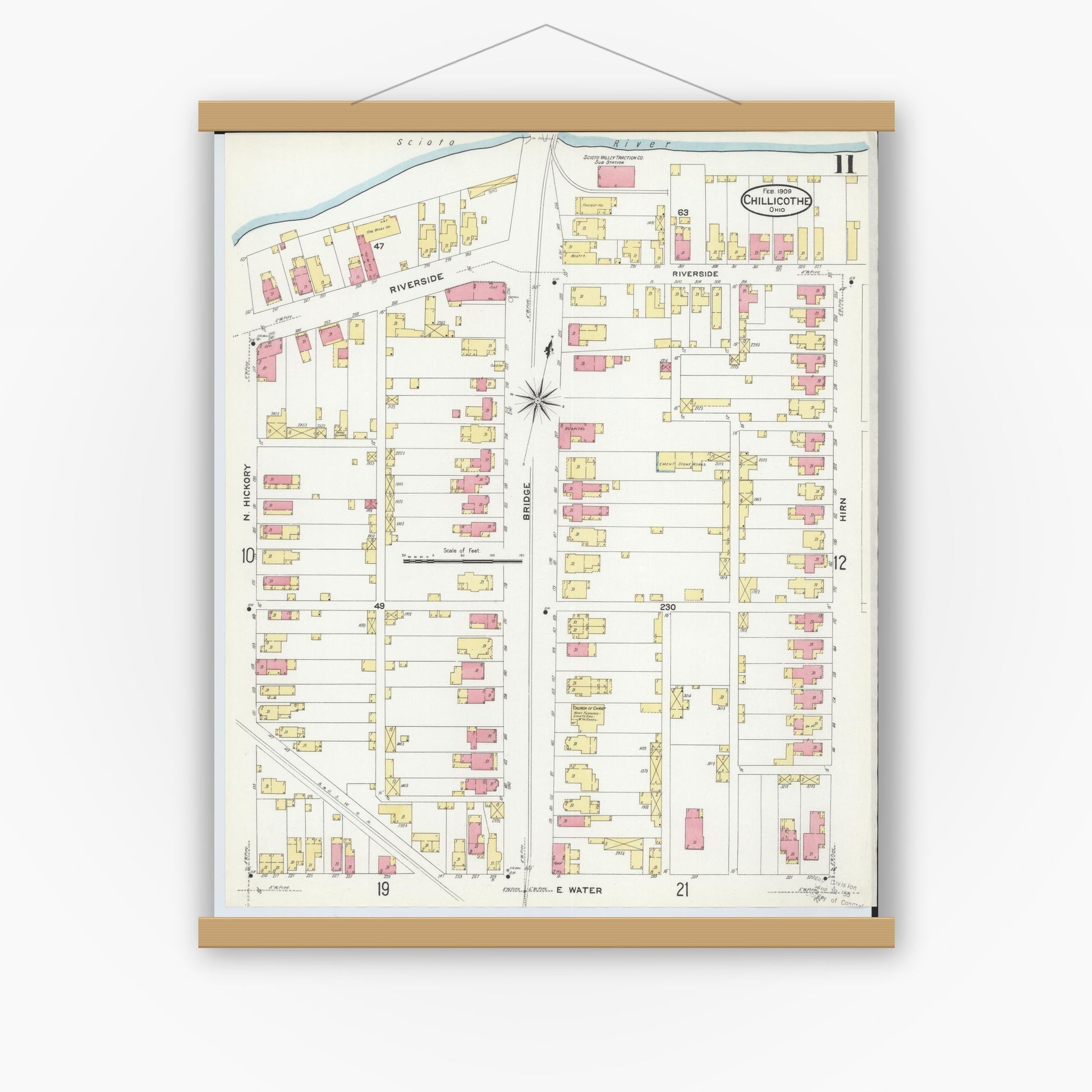 Old map wall art mockup — magnetic wood frame on white wall — Sanborn Fire Insurance Map from Chillicothe, Ross County, Ohio (1909), Sheet #0011
