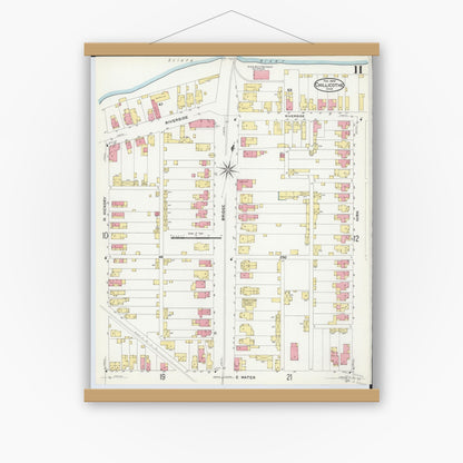 Old map wall art mockup — magnetic wood frame on white wall — Sanborn Fire Insurance Map from Chillicothe, Ross County, Ohio (1909), Sheet #0011