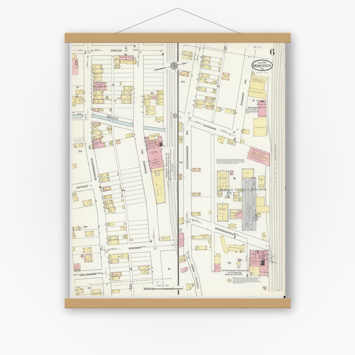 Old map wall art mockup — magnetic wood frame on white wall — Sanborn Fire Insurance Map from Monessen, Westmoreland County, Pennsylvania (1914), Sheet #0006