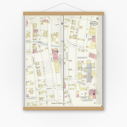 Old map wall art mockup — magnetic wood frame on white wall — Sanborn Fire Insurance Map from Monessen, Westmoreland County, Pennsylvania (1914), Sheet #0006