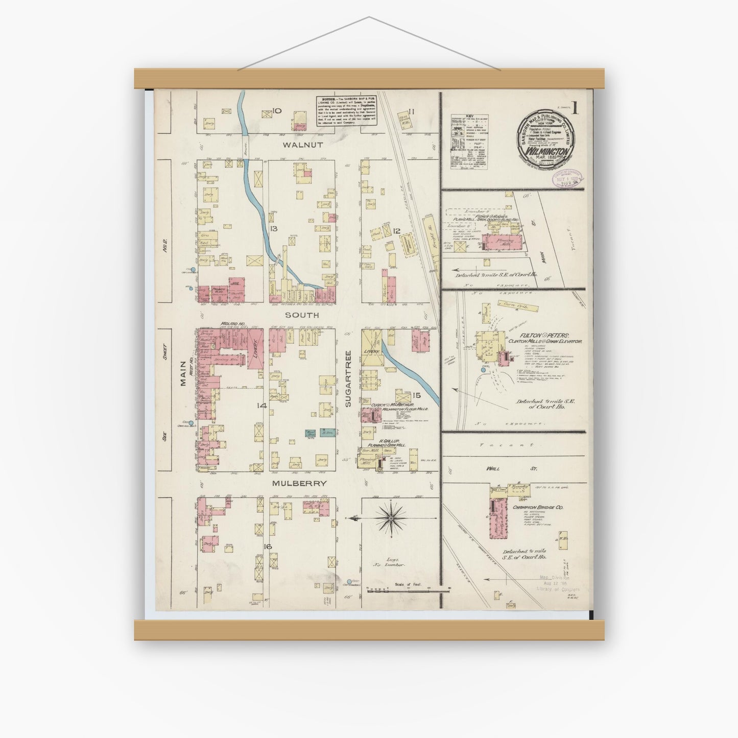 Old map wall art mockup — magnetic wood frame on white wall — Sanborn Fire Insurance Map from Wilmington, Clinton County, Ohio (1885) - Complete Map Set