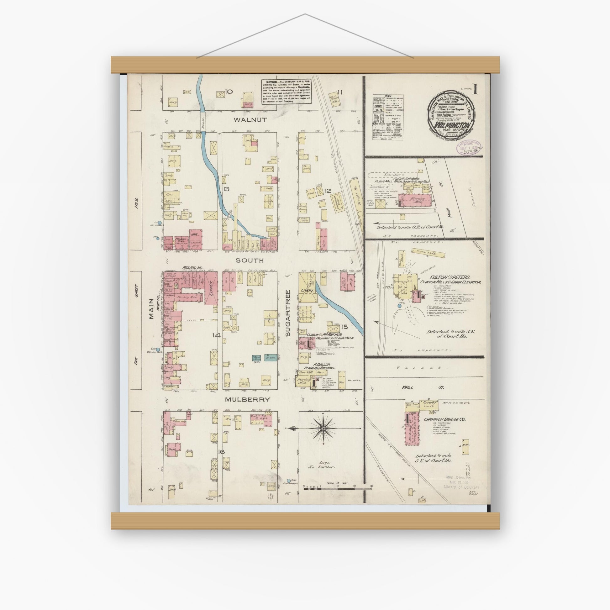 Old map wall art mockup — magnetic wood frame on white wall — Sanborn Fire Insurance Map from Wilmington, Clinton County, Ohio (1885) - Complete Map Set