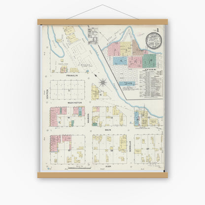 Old map wall art mockup — magnetic wood frame on white wall — Sanborn Fire Insurance Map from Lake City, Wabasha County, Minnesota (1891), Sheet #0001