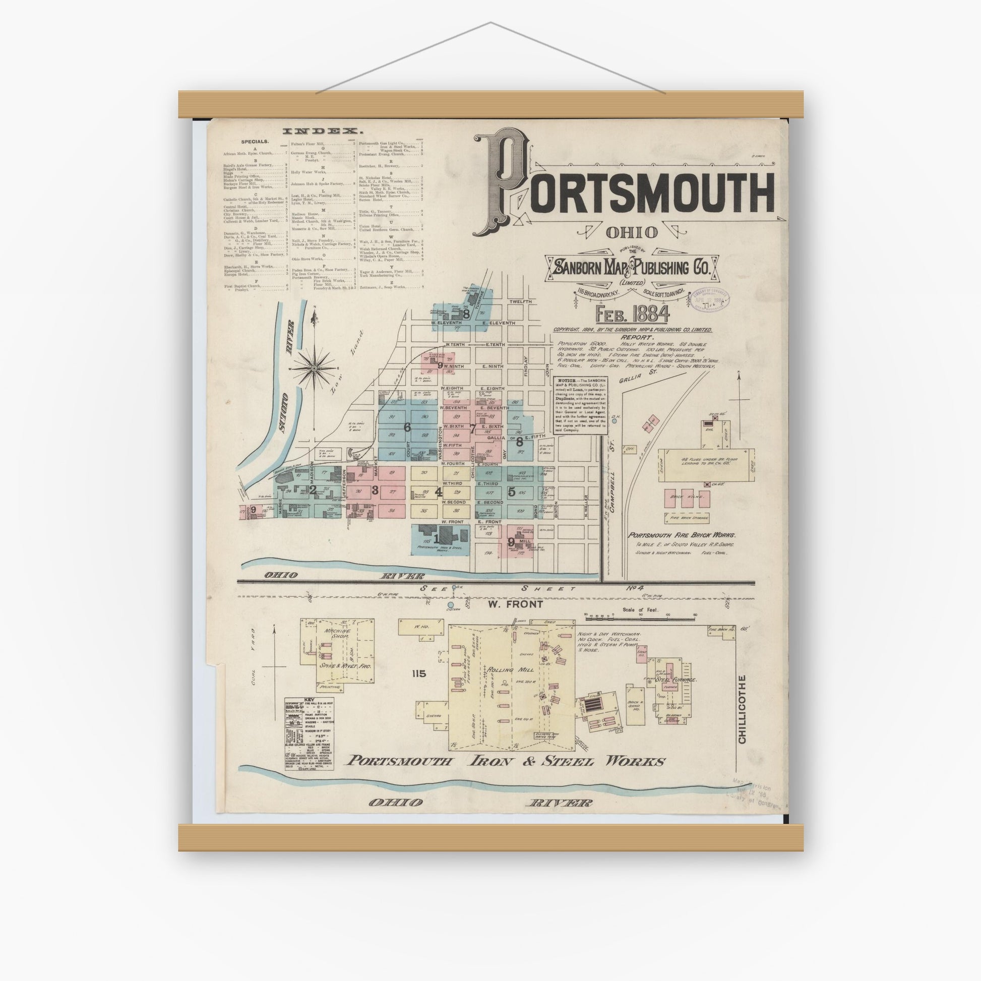 Old map wall art mockup — magnetic wood frame on white wall — Sanborn Fire Insurance Map from Portsmouth, Scioto County, Ohio (1884), Sheet #0001