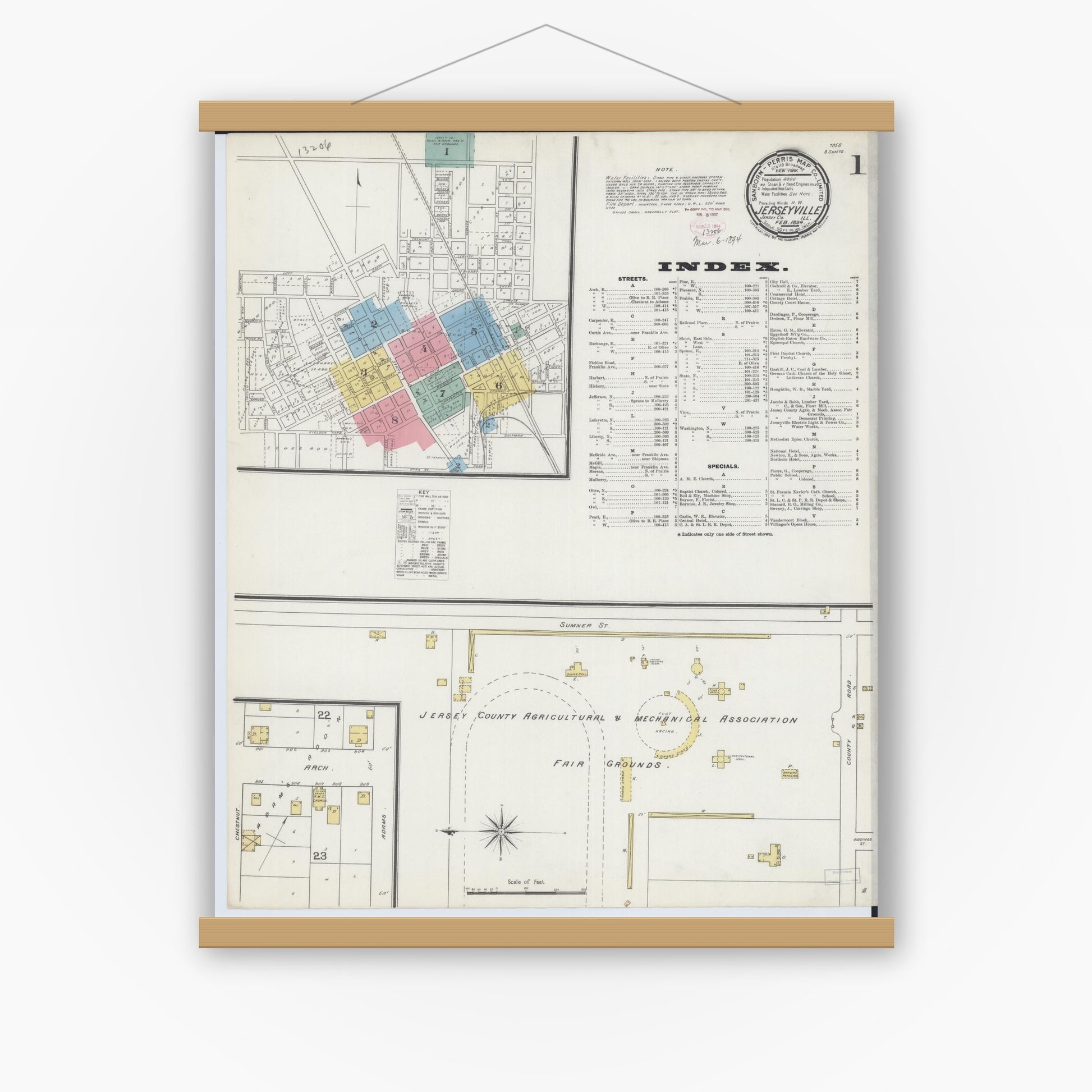Old map wall art mockup — magnetic wood frame on white wall — Sanborn Fire Insurance Map from Jerseyville, Jersey County, Illinois (1894) - Complete Map Set