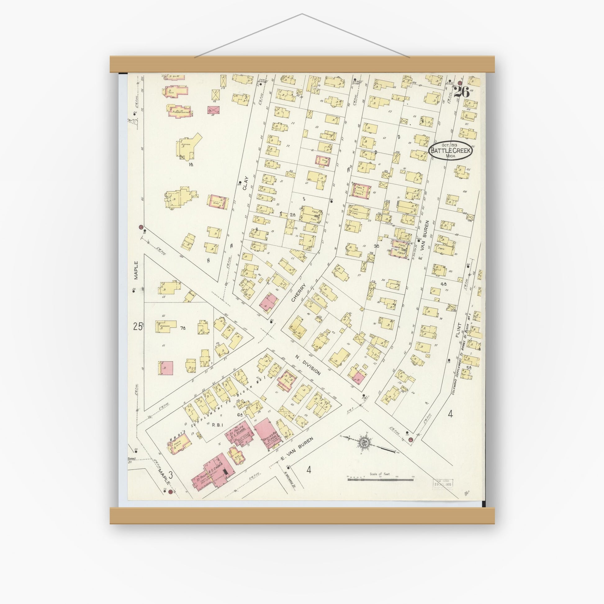 Old map wall art mockup — magnetic wood frame on white wall — Sanborn Fire Insurance Map from Battle Creek, Calhoun County, Michigan (1913), Sheet #0026