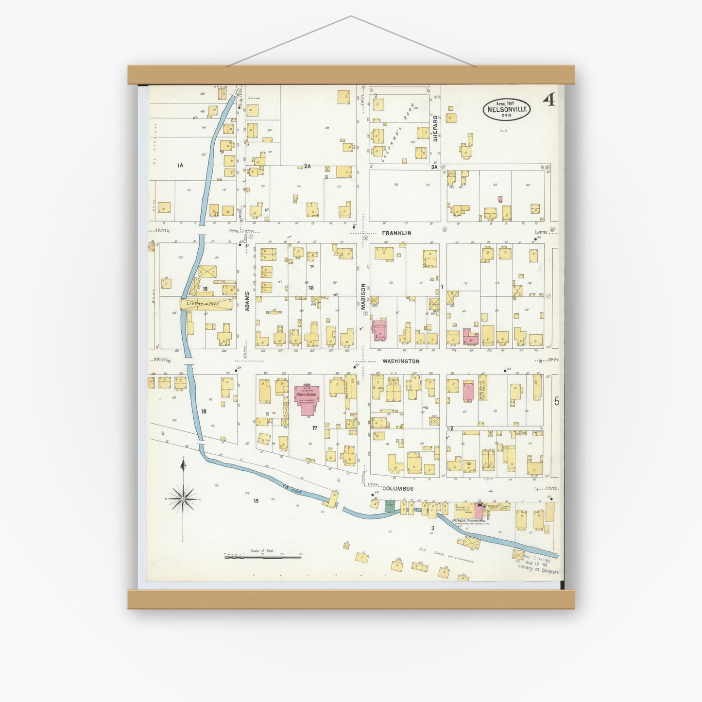 Old map wall art mockup — magnetic wood frame on white wall — Sanborn Fire Insurance Map from Nelsonville, Athens County, Ohio (1907), Sheet #0004