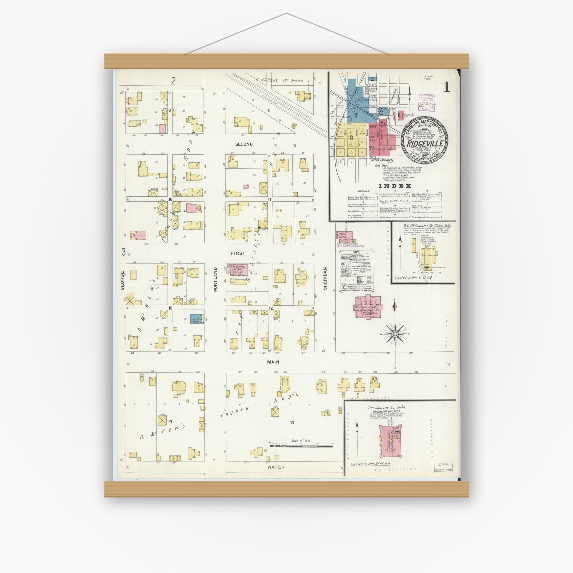Old map wall art mockup — magnetic wood frame on white wall — Sanborn Fire Insurance Map from Ridgeville, Randolph County, Indiana (1907) - Complete Map Set