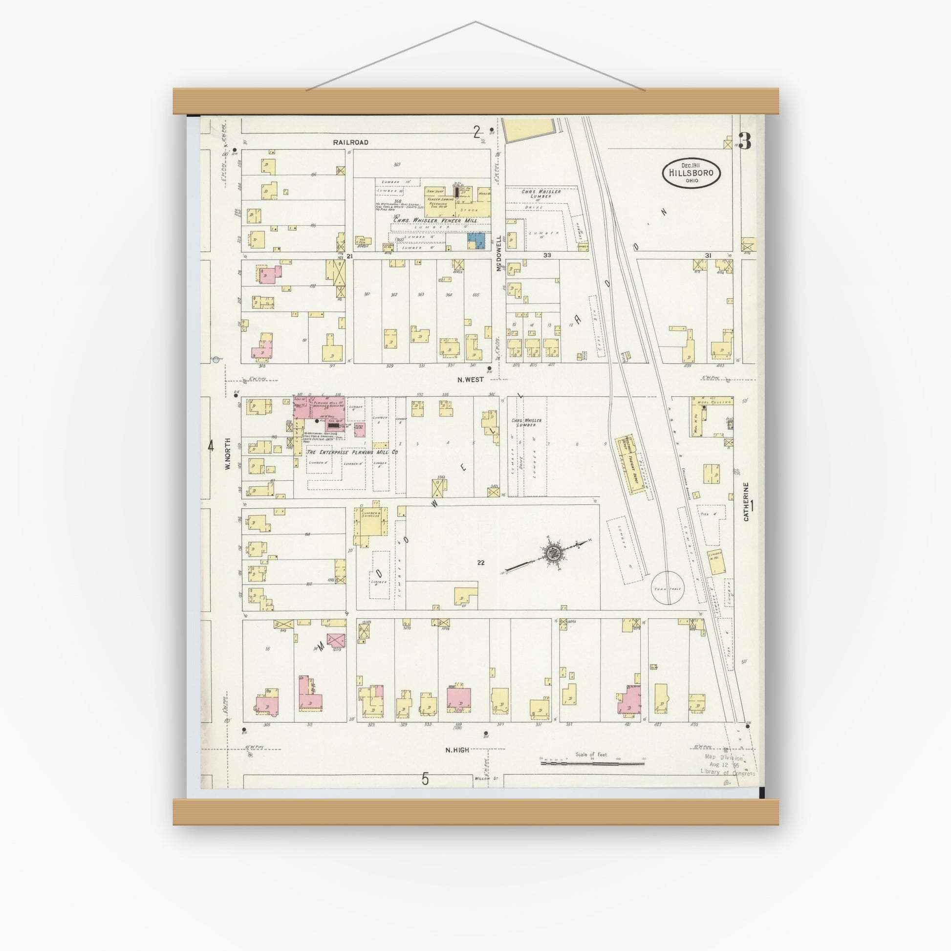 Old map wall art mockup — magnetic wood frame on white wall — Sanborn Fire Insurance Map from Hillsboro, Highland County, Ohio (1911), Sheet #0003