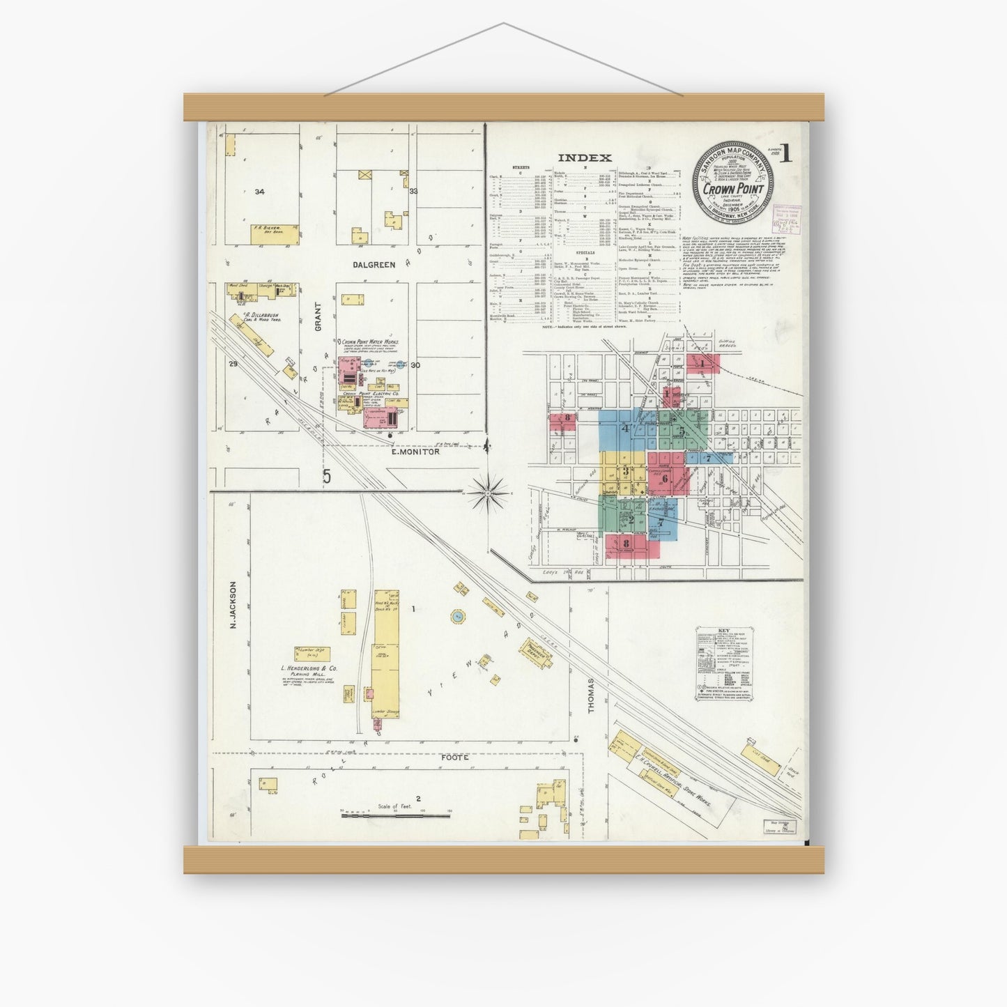 Old map wall art mockup — magnetic wood frame on white wall — Sanborn Fire Insurance Map from Crown Point, Lake County, Indiana (1905) - Complete Map Set