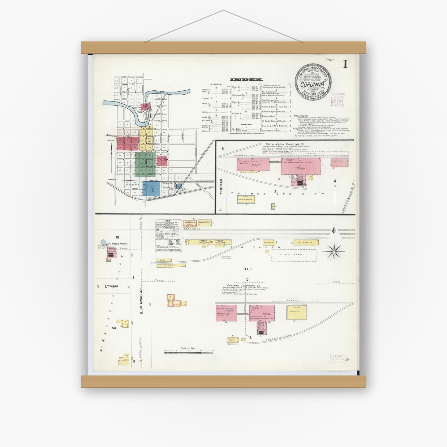 Old map wall art mockup — magnetic wood frame on white wall — Sanborn Fire Insurance Map from Corunna, Shiawassee County, Michigan (1908) - Complete Map Set