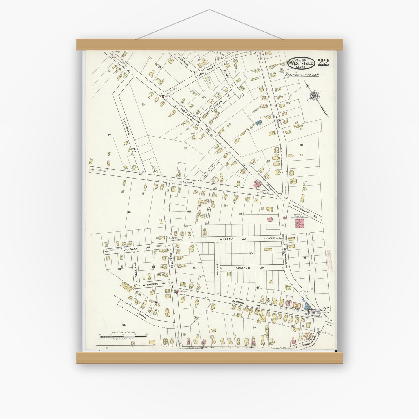 Old map wall art mockup — magnetic wood frame on white wall — Sanborn Fire Insurance Map from Westfield, Hampden County, Massachusetts (1917), Sheet #0022