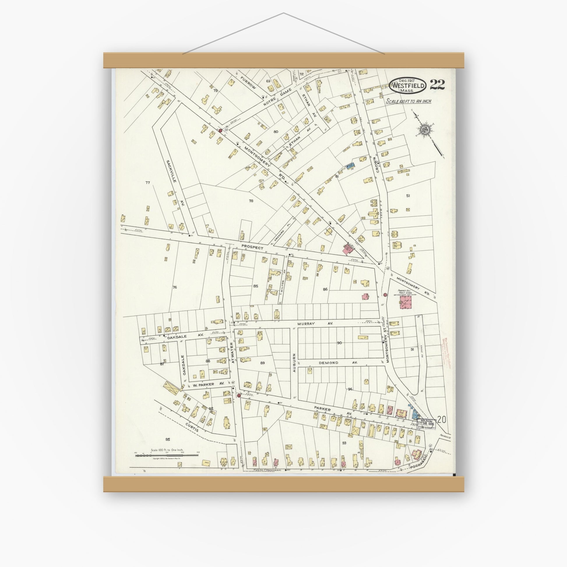Old map wall art mockup — magnetic wood frame on white wall — Sanborn Fire Insurance Map from Westfield, Hampden County, Massachusetts (1917), Sheet #0022