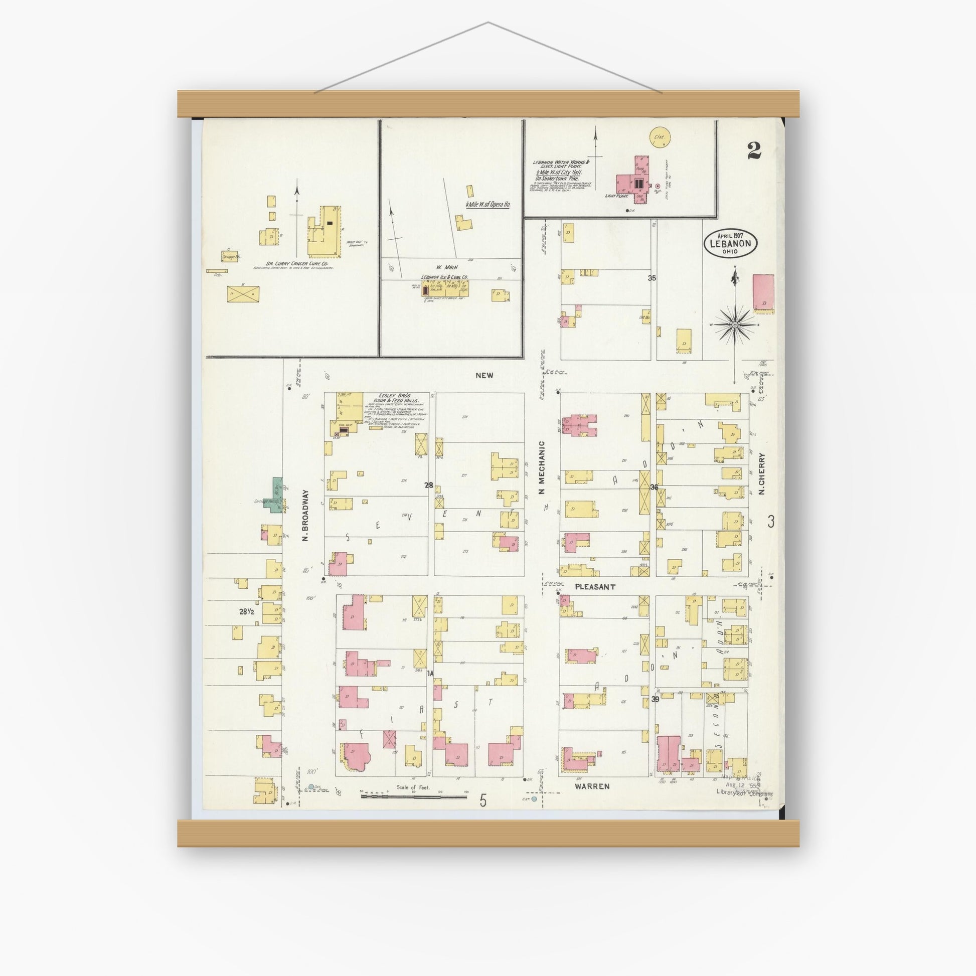 Old map wall art mockup — magnetic wood frame on white wall — Sanborn Fire Insurance Map from Lebanon, Warren County, Ohio (1907), Sheet #0002