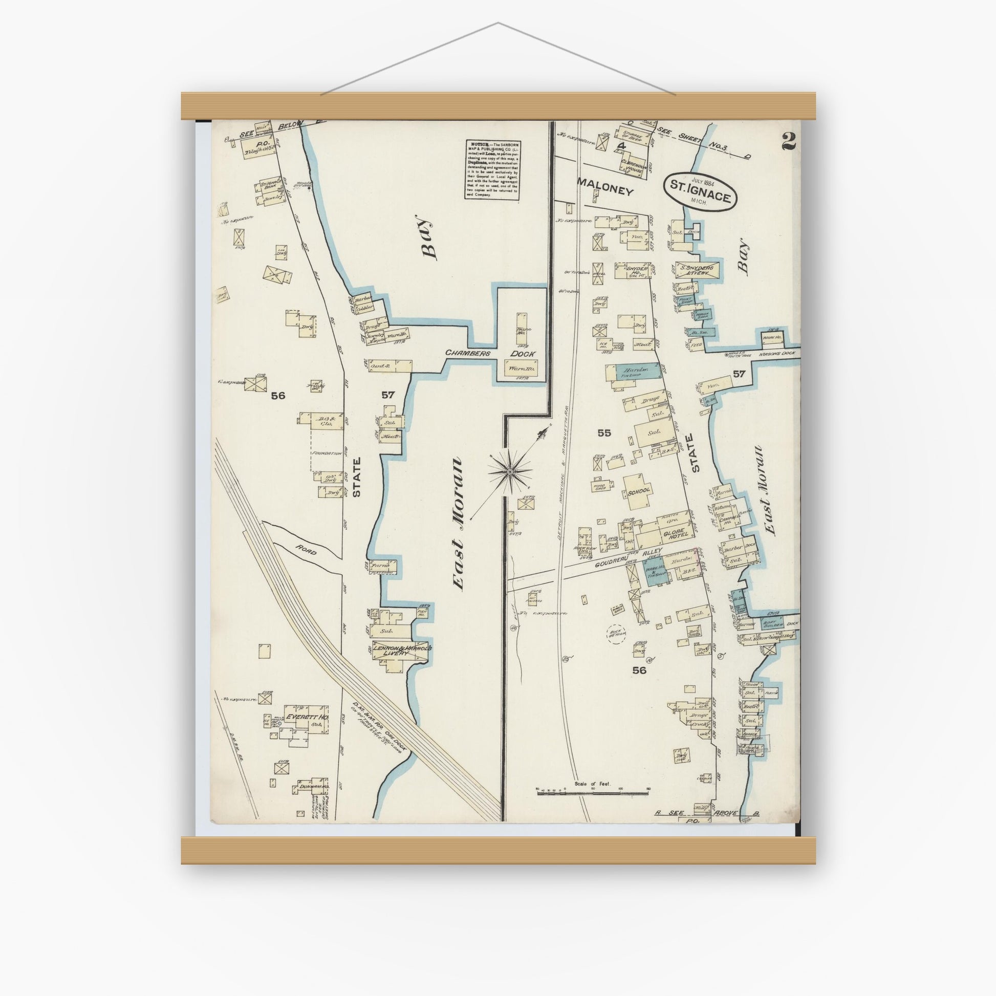 Old map wall art mockup — magnetic wood frame on white wall — Sanborn Fire Insurance Map from Saint Ignace, Mackinac County, Michigan (1884), Sheet #0002