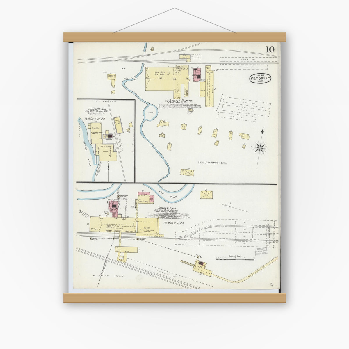 Old map wall art mockup — magnetic wood frame on white wall — Sanborn Fire Insurance Map from Petoskey, Emmet County, Michigan (1896), Sheet #0010