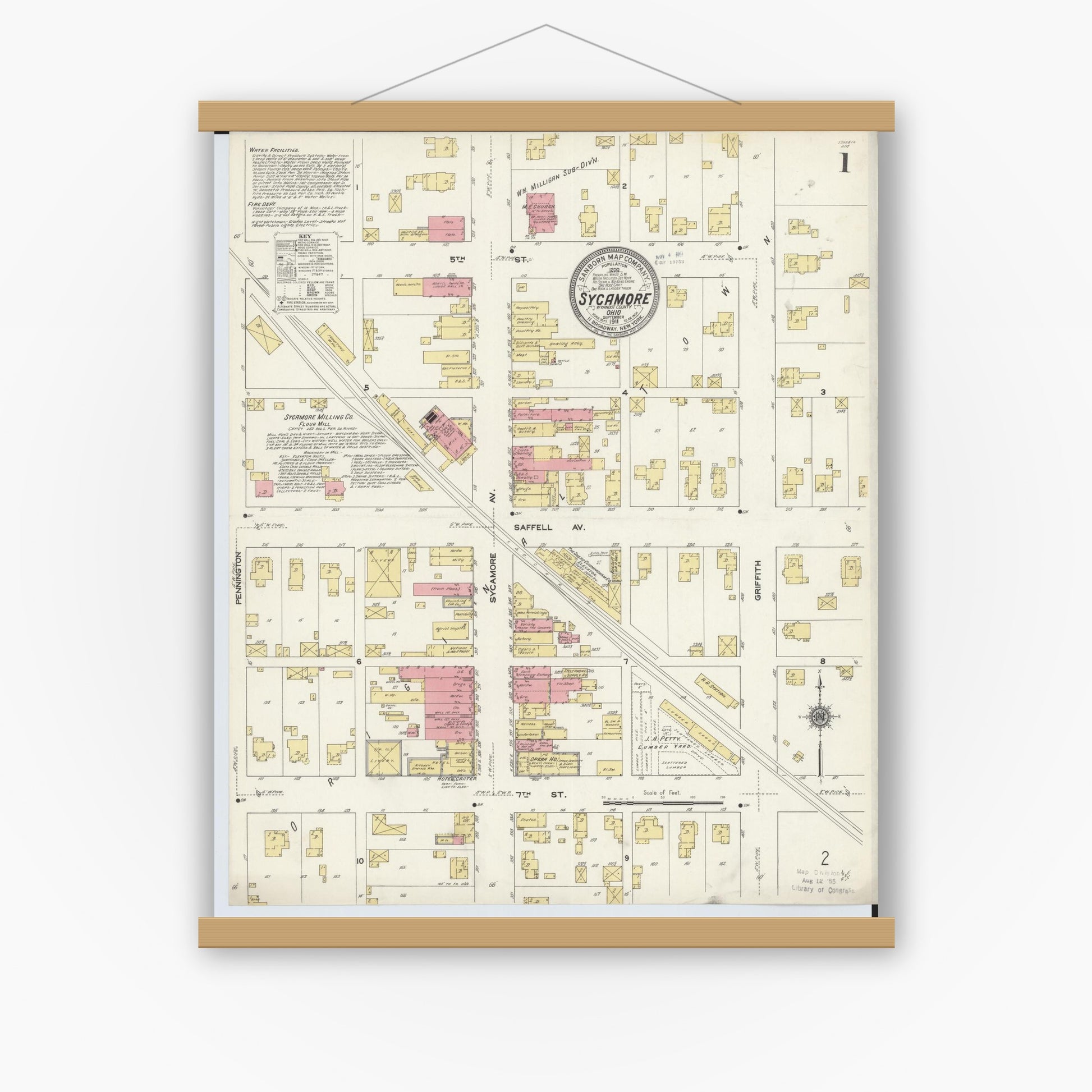 Old map wall art mockup — magnetic wood frame on white wall — Sanborn Fire Insurance Map from Sycamore, Wyandot County, Ohio (1911), Sheet #0001