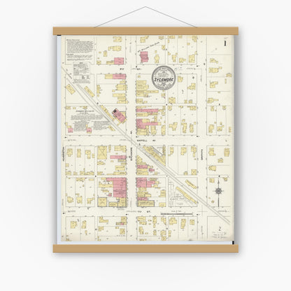 Old map wall art mockup — magnetic wood frame on white wall — Sanborn Fire Insurance Map from Sycamore, Wyandot County, Ohio (1911), Sheet #0001