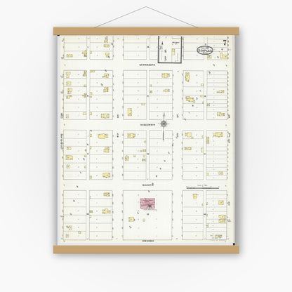 Old map wall art mockup — magnetic wood frame on white wall — Sanborn Fire Insurance Map from Staples, Todd County, Minnesota (1909), Sheet #0007