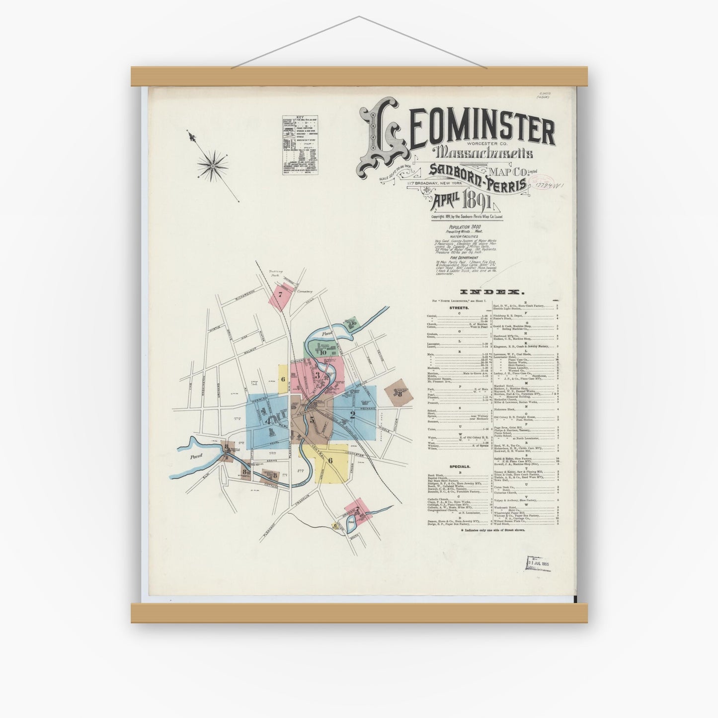 Old map wall art mockup — magnetic wood frame on white wall — Sanborn Fire Insurance Map from Leominster, Worcester County, Massachusetts (1891) - Complete Map Set