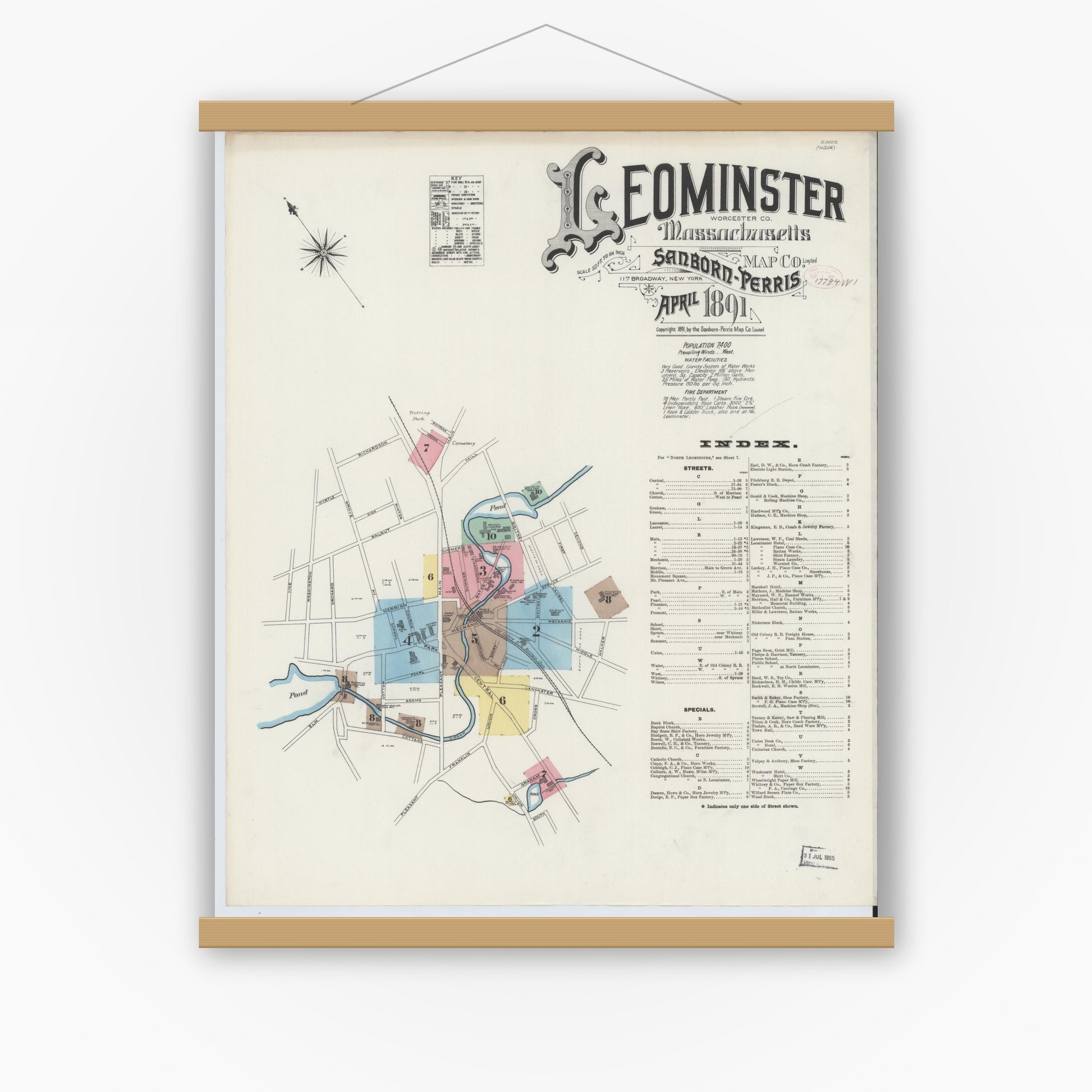 Old map wall art mockup — magnetic wood frame on white wall — Sanborn Fire Insurance Map from Leominster, Worcester County, Massachusetts (1891) - Complete Map Set