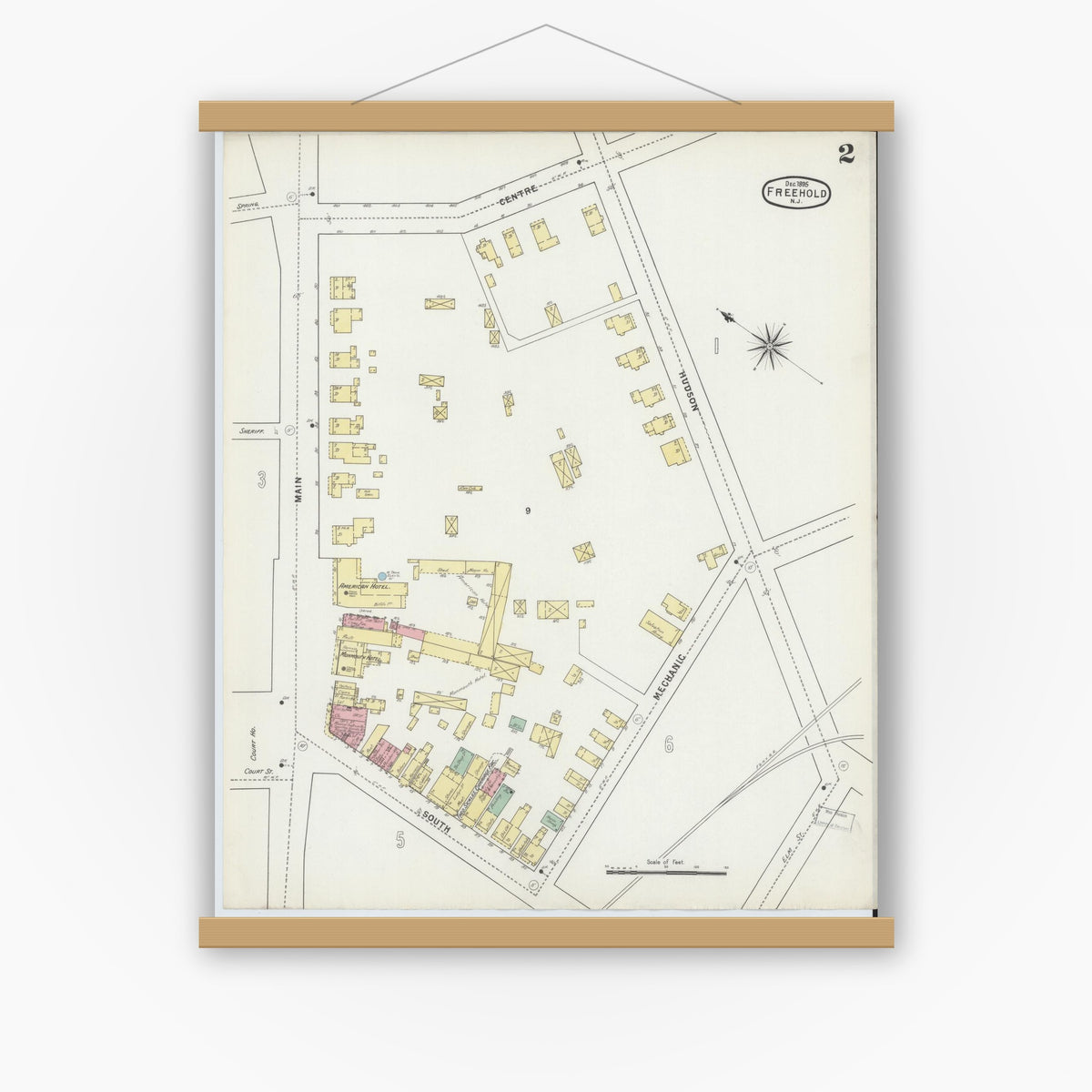 Old map wall art mockup — magnetic wood frame on white wall — Sanborn Fire Insurance Map from Freehold, Monmouth County, New Jersey (1895), Sheet #0002