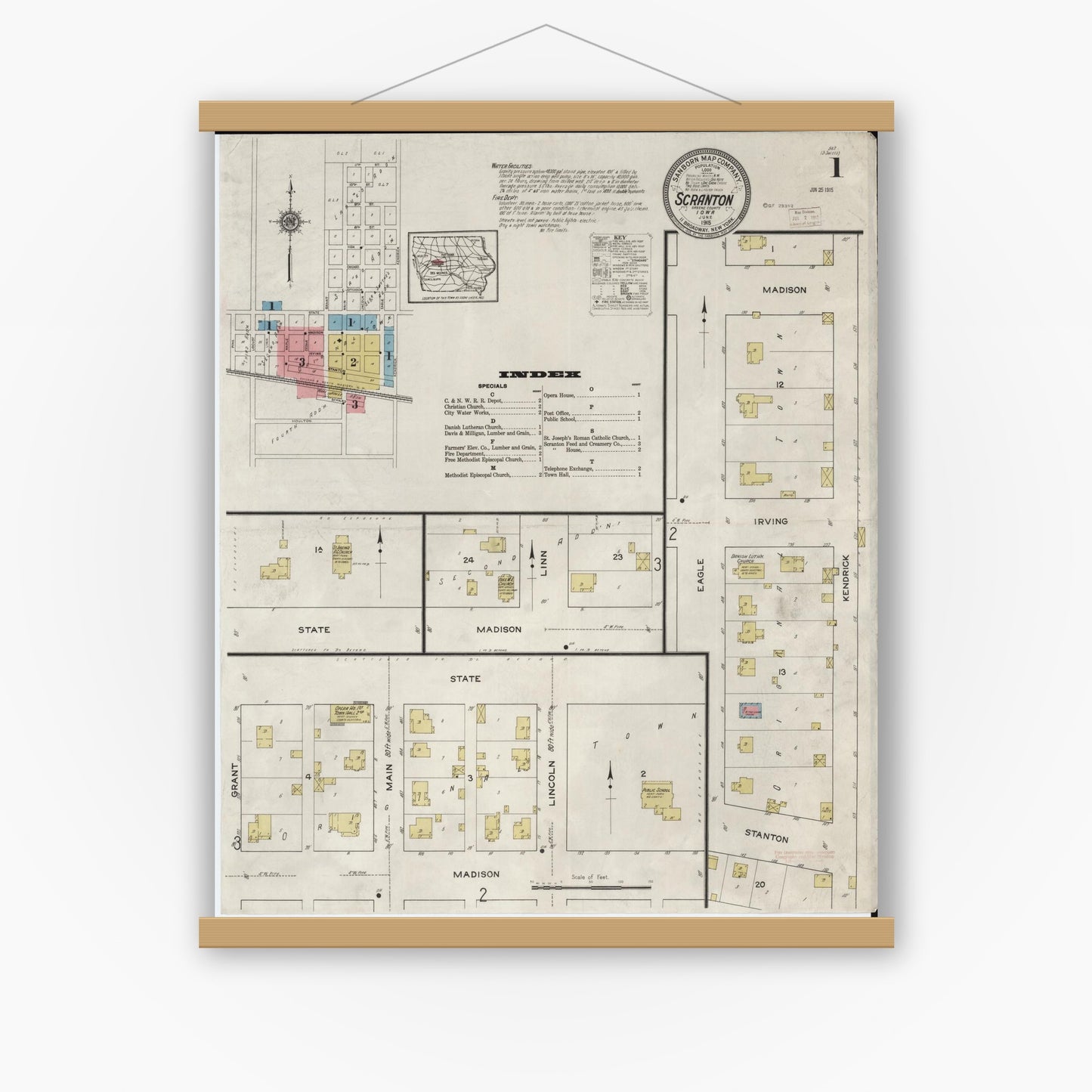 Old map wall art mockup — magnetic wood frame on white wall — Sanborn Fire Insurance Map from Scranton, Greene County, Iowa (1915), Sheet #0001