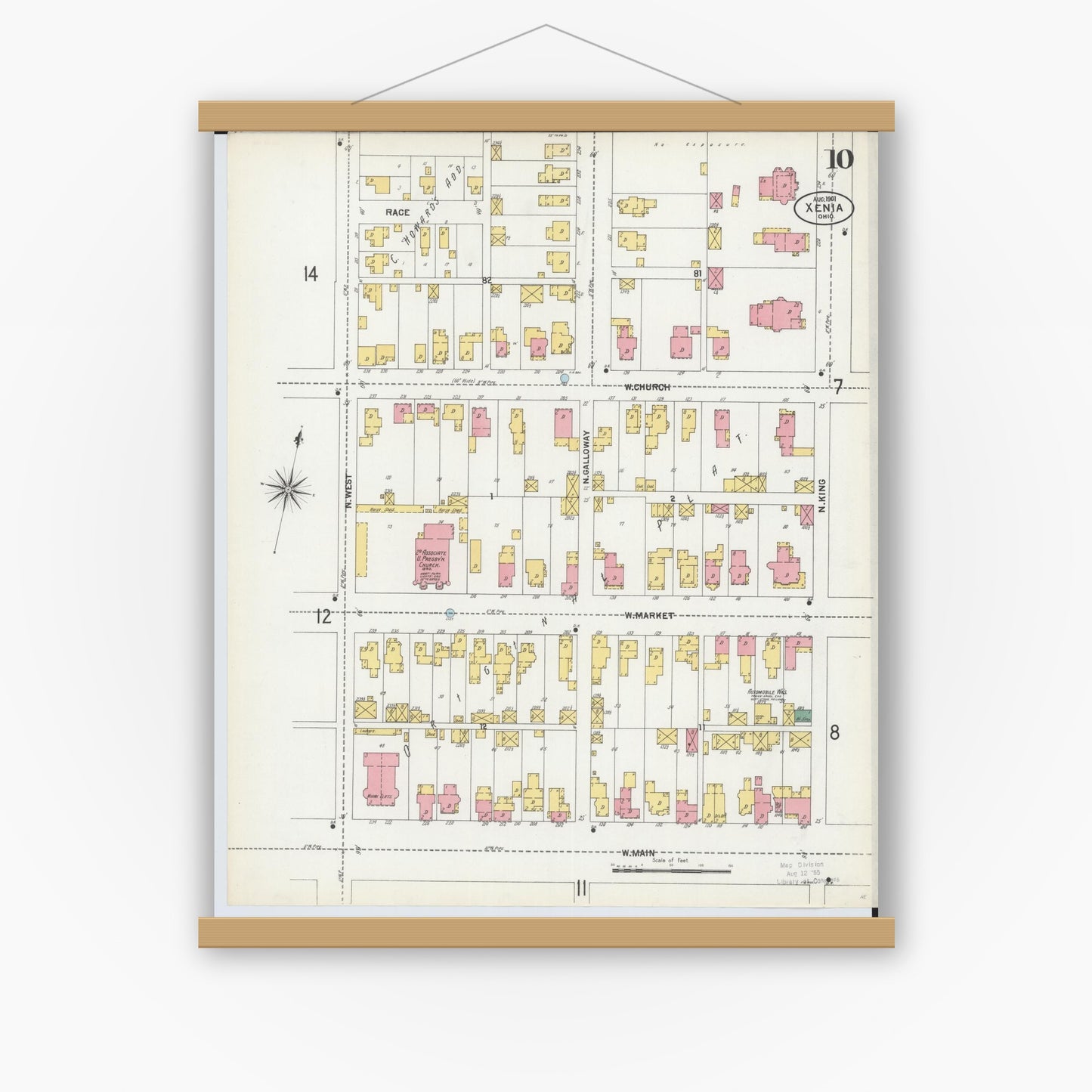 Old map wall art mockup — magnetic wood frame on white wall — Sanborn Fire Insurance Map from Xenia, Greene County, Ohio (1901), Sheet #0010