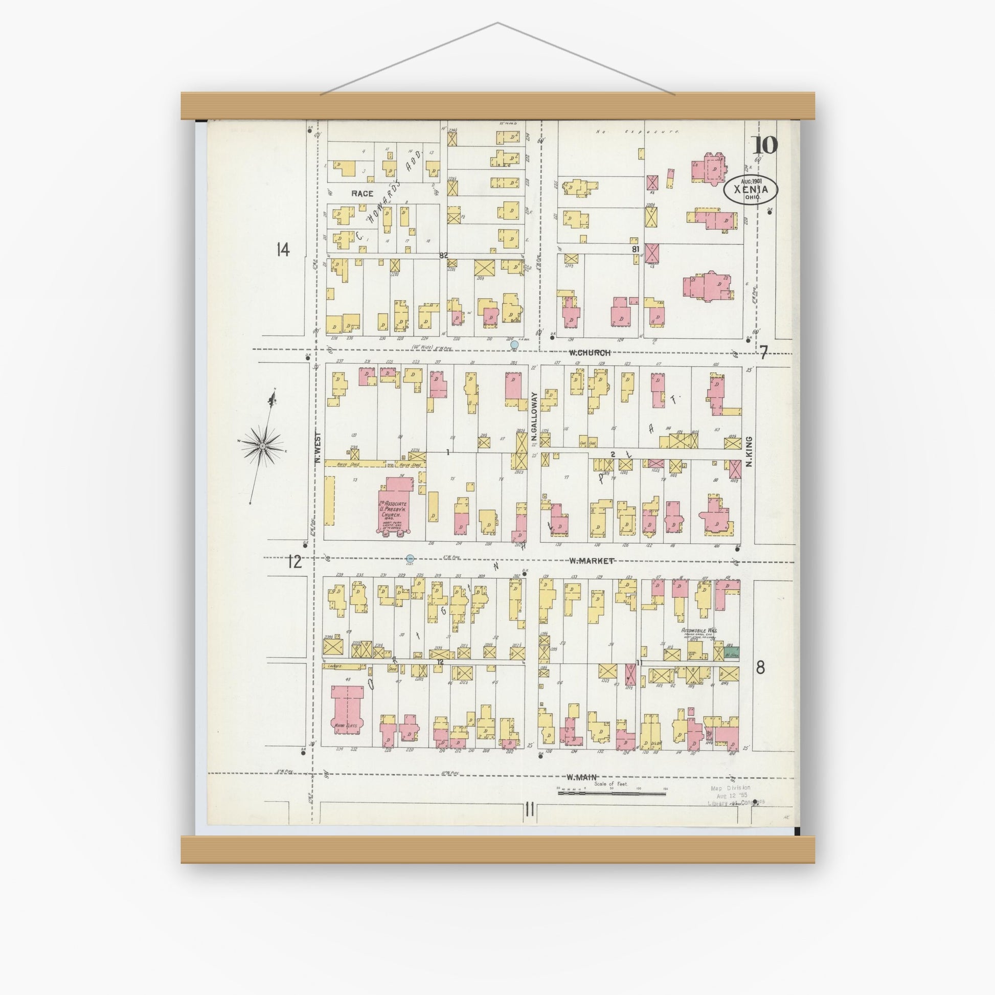 Old map wall art mockup — magnetic wood frame on white wall — Sanborn Fire Insurance Map from Xenia, Greene County, Ohio (1901), Sheet #0010
