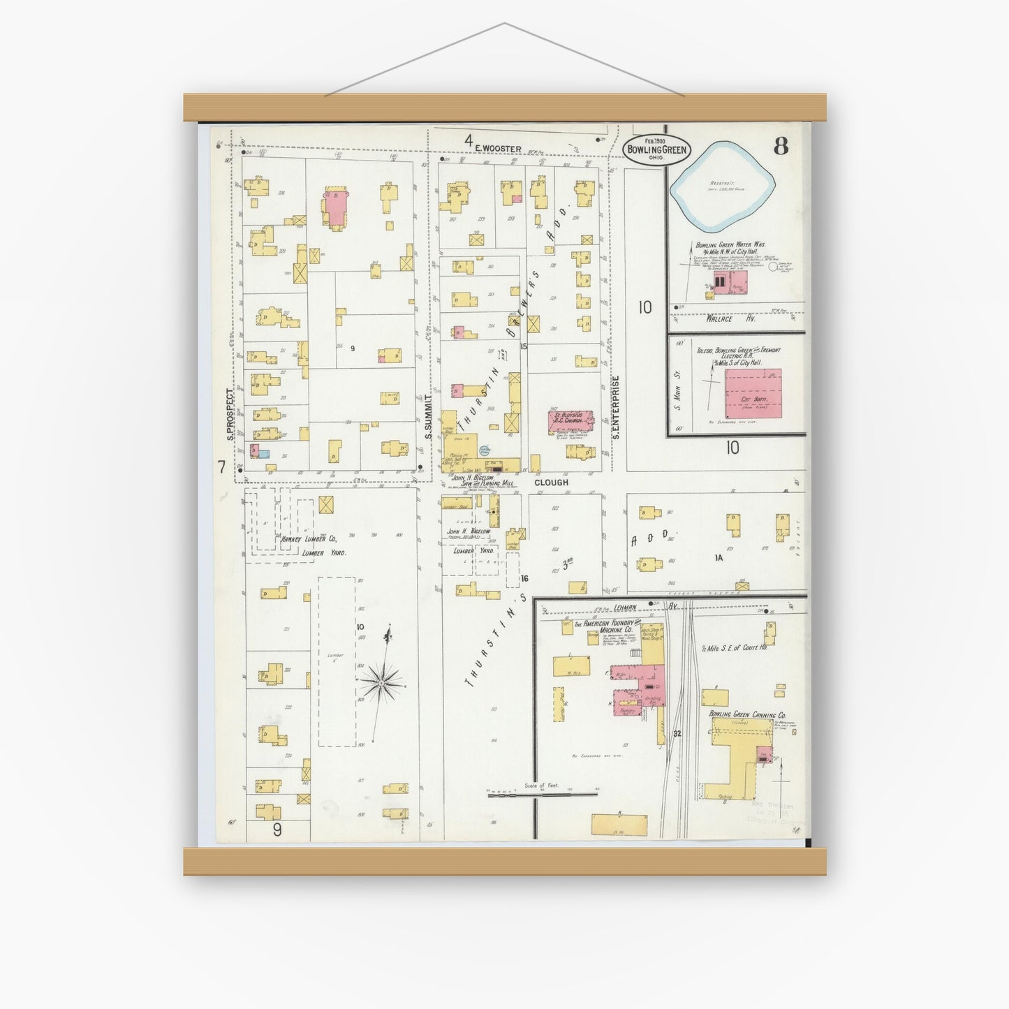 Old map wall art mockup — magnetic wood frame on white wall — Sanborn Fire Insurance Map from Bowling Green, Wood County, Ohio (1900), Sheet #0008