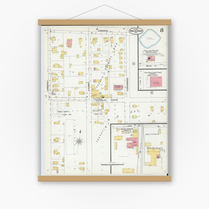 Old map wall art mockup — magnetic wood frame on white wall — Sanborn Fire Insurance Map from Bowling Green, Wood County, Ohio (1900), Sheet #0008