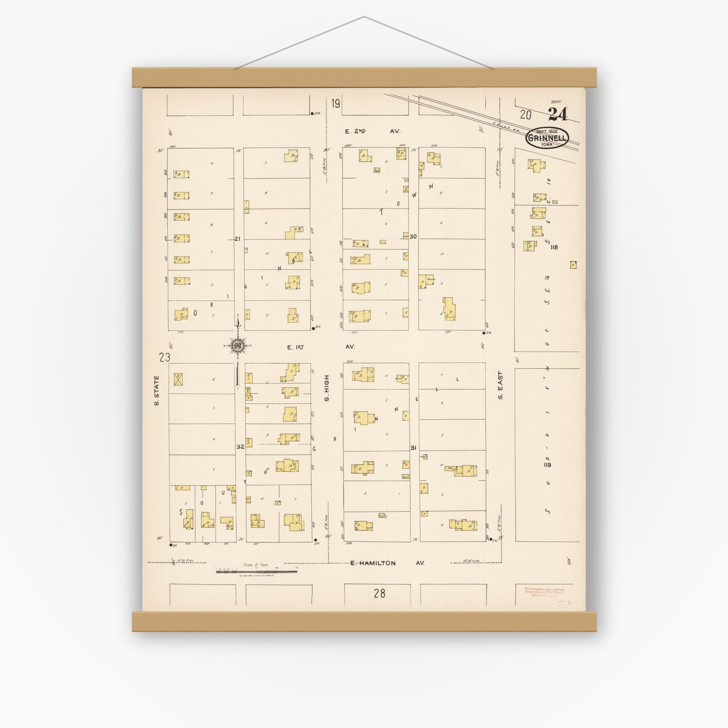 Old map wall art mockup — magnetic wood frame on white wall — Sanborn Fire Insurance Map from Grinnell, Poweshiek County, Iowa (1922), Sheet #0024