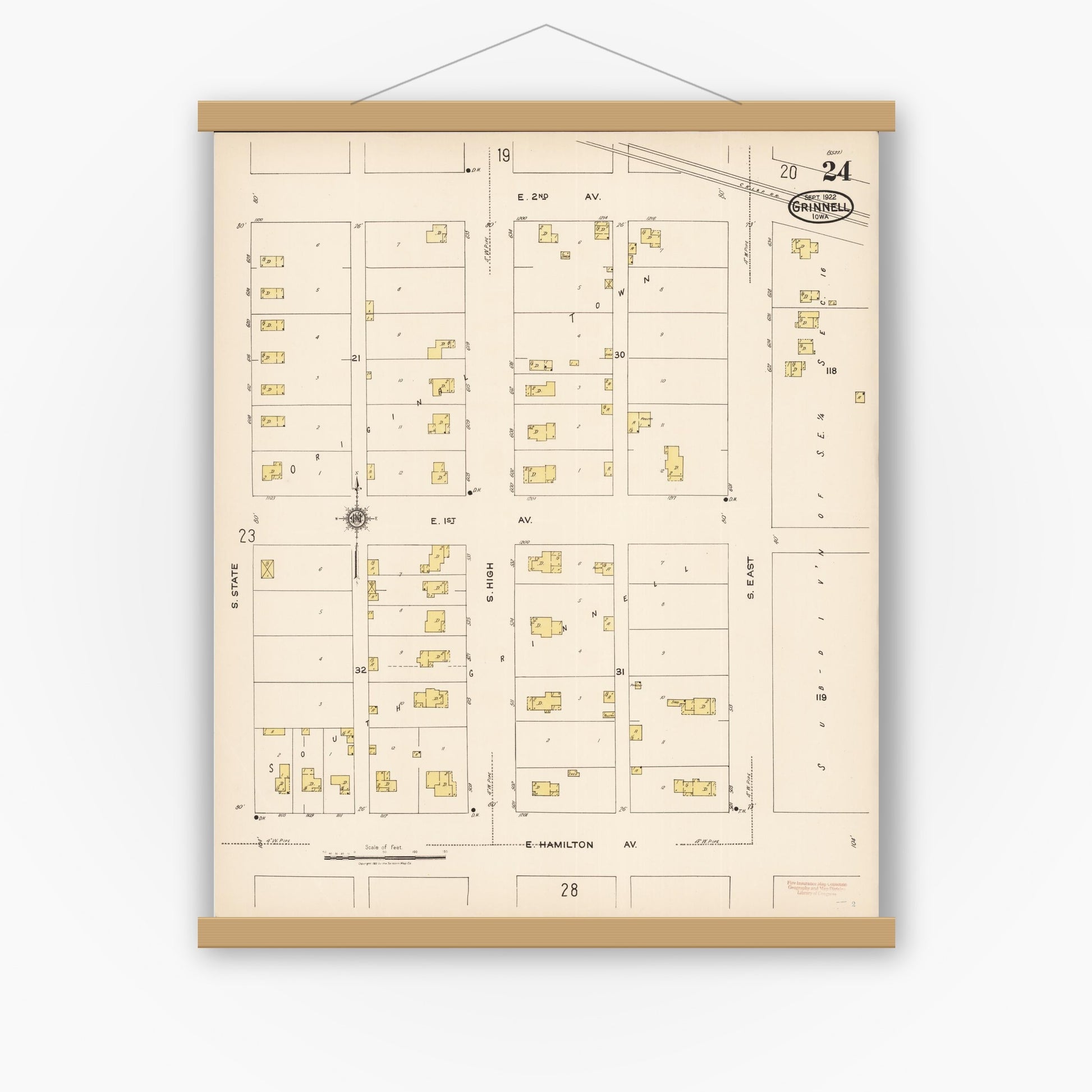 Old map wall art mockup — magnetic wood frame on white wall — Sanborn Fire Insurance Map from Grinnell, Poweshiek County, Iowa (1922), Sheet #0024