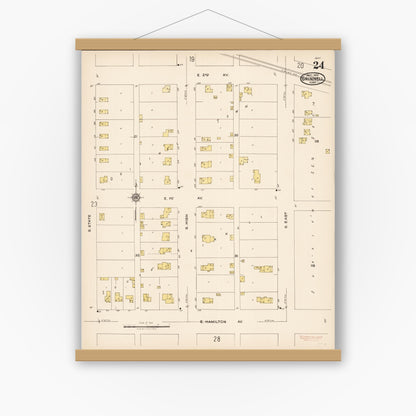 Old map wall art mockup — magnetic wood frame on white wall — Sanborn Fire Insurance Map from Grinnell, Poweshiek County, Iowa (1922), Sheet #0024