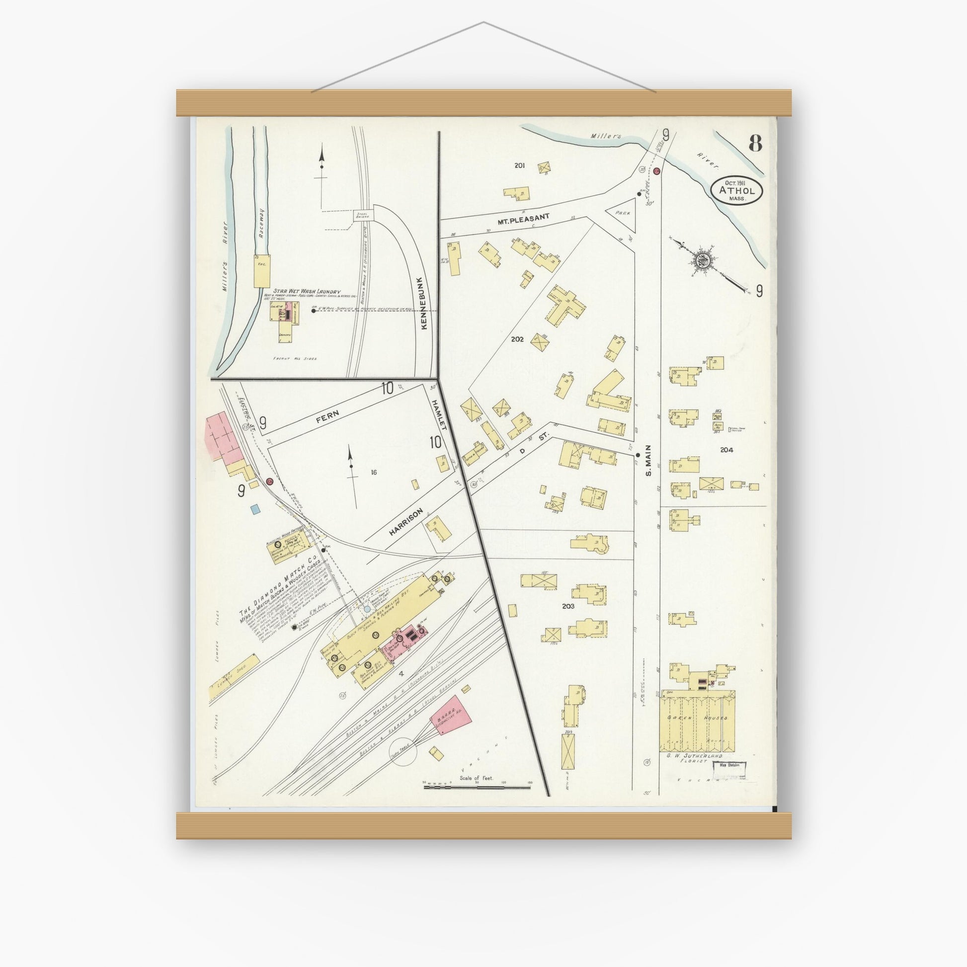 Old map wall art mockup — magnetic wood frame on white wall — Sanborn Fire Insurance Map from Athol, Worcester County, Massachusetts (1911), Sheet #0008